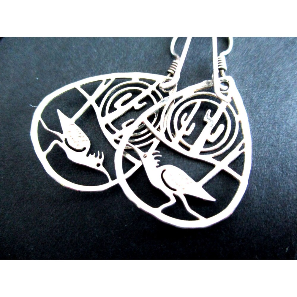 Wild Bryde Vintage Silver tone Roadrunner Bird & Cactus Cutout Dangle Earrings